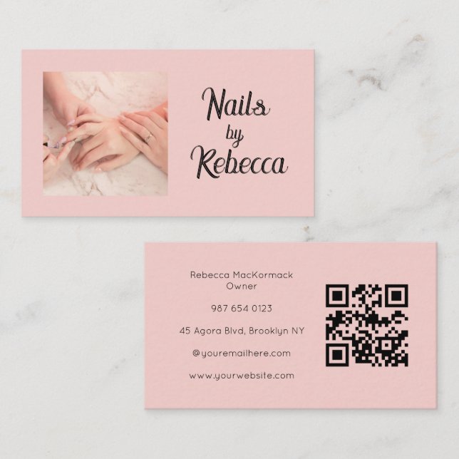 Blush Pink QR Code Photo Black Script Manicurist Business Card (Front/Back)