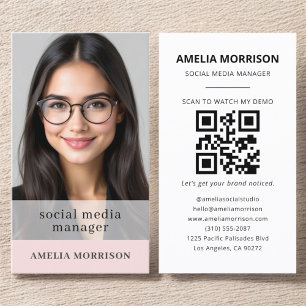 Blush Pink QR Code Photo Minimalist Professional Business Card