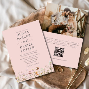 Blush Pink QR Code Photo Wildflower Wedding Invitation