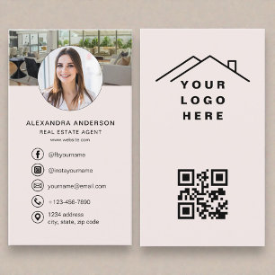 Blush Pink QR Code Real Estate Agent Photo Logo Business Card