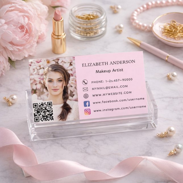 Blush pink qr code social media photo business card (Creator Uploaded)