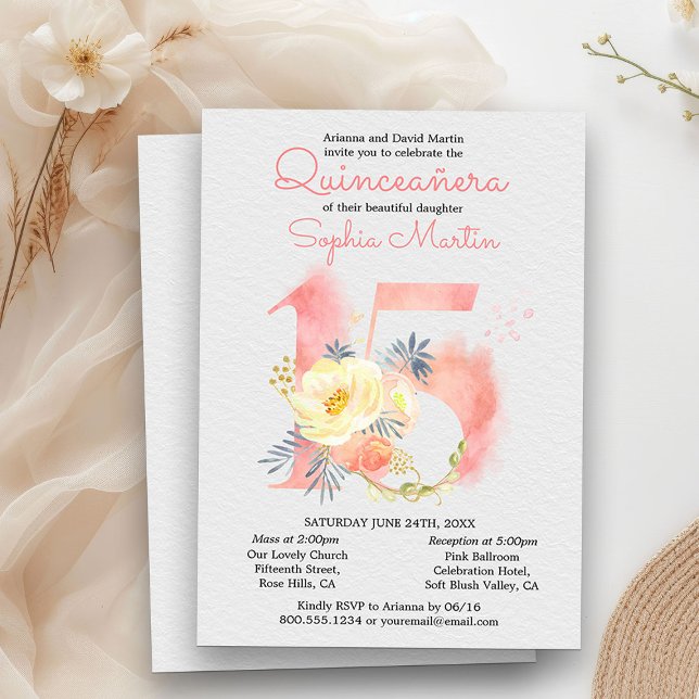 Blush Pink Quinceanera and Mass Floral Number 15 Invitation (Quinceanera and Mass Invitation from my Blush Pink Number 15 Quinceanera collection
)