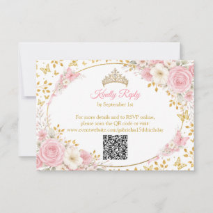 Blush Pink Quinceañera Golden Butterfly  RSVP Card