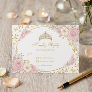 Blush Pink Quinceañera Golden Butterfly RSVP Card