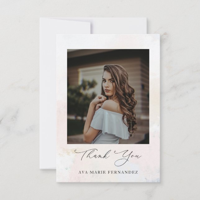 Blush Pink Quinceañera Photo Thank You Card (Front)