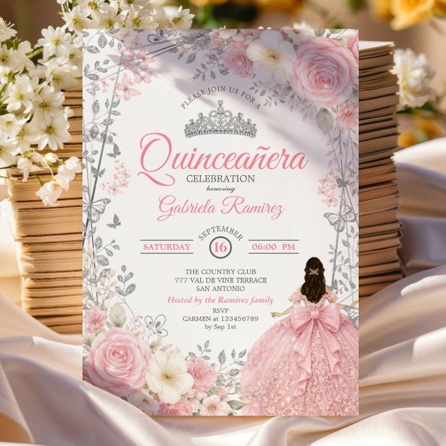 Blush Pink Quinceañera Silver Butterfly Invitation (Creator Uploaded)