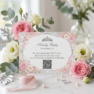 Blush Pink Quinceañera Silver Butterfly  RSVP Card