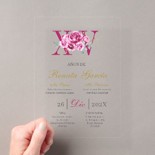 Blush pink quinceañera with pink rose acrylic invitations