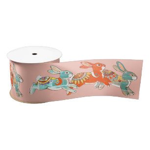 Blush Pink Rabbit Bunny Folk Art Tribal Pattern Wr Satin Ribbon