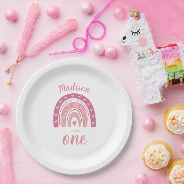 Blush Pink Rainbow Boho First Birthday Paper Plate (Party)