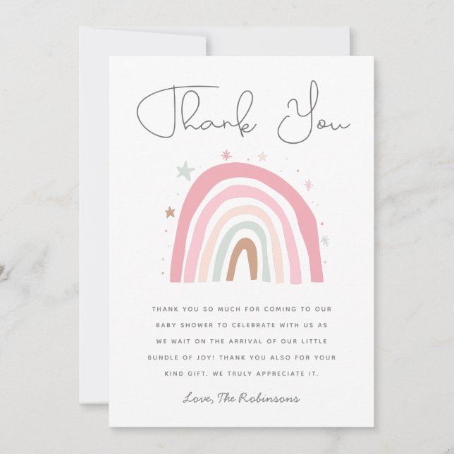 Blush Pink Rainbow Girls Baby Shower Thank You Card (Front)
