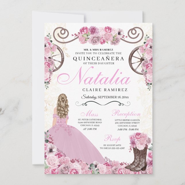 Blush Pink Ranchero Princess Dress Quinceanera Invitation (Front)