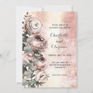 Blush Pink Ranunculus Eucalyptus Rose Gold Wedding Invitation