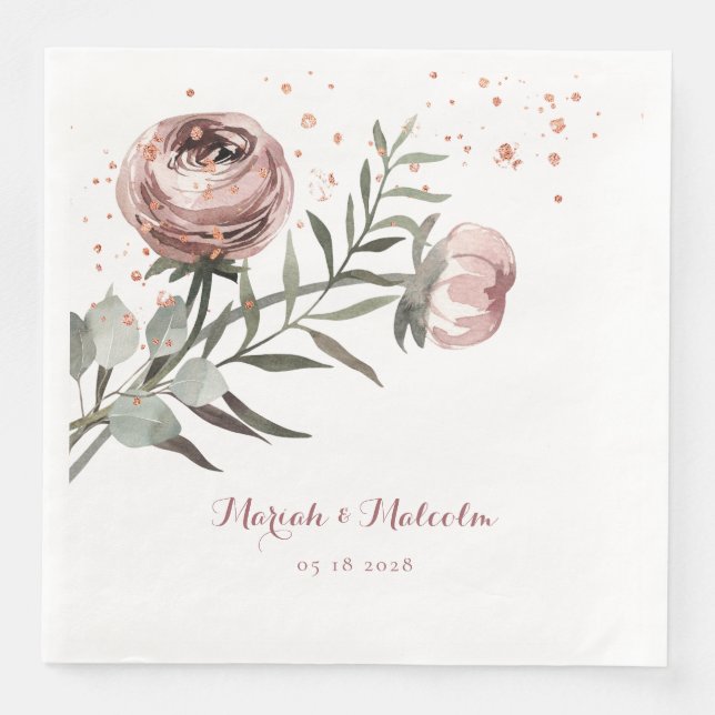 Blush Pink Ranunculus Eucalyptus Rose Gold Wedding Napkin (Front)