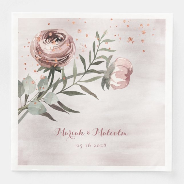 Blush Pink Ranunculus Eucalyptus Rose Gold Wedding Napkin (Front)