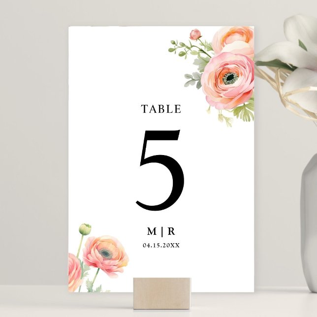 Blush Pink Ranunculus Floral Wedding Table Number (Creator Uploaded)