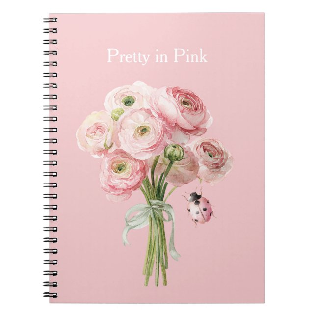 Blush Pink Ranunculus Flowers Ladybug Notebook (Front)