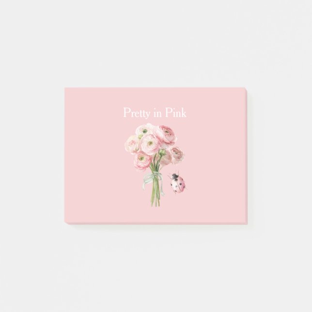 Blush Pink Ranunculus Flowers Ladybug Post-it Notes (Front)