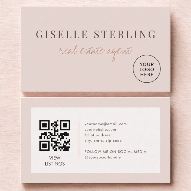 Blush Pink Real Estate Agent Logo QR Code Business Card (Creator Uploaded)
