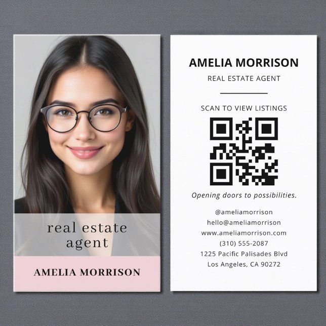 Blush Pink Real Estate Agent QR Code Photo  Business Card (Creator Uploaded)