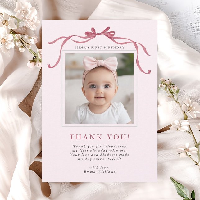 Blush Pink Red Bow Birthday Photo Thank You Card (Creator Uploaded)