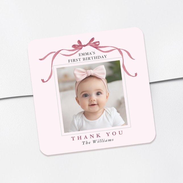 Blush Pink Red Bow Birthday Thank You  Square Sticker (Creator Uploaded)
