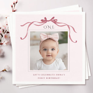 Blush Pink Red Bow First Birthday Photo Napkin