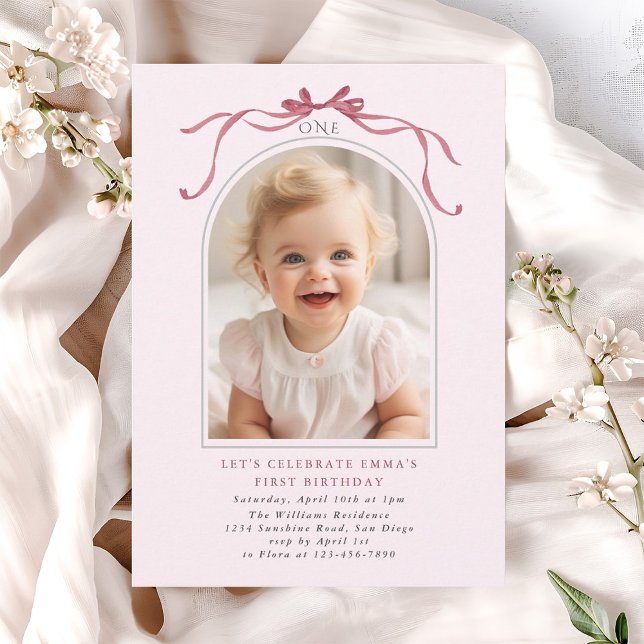 Blush Pink Red Bow Girl 1st Birthday Arch Photo Invitation (Creator Uploaded)