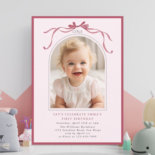 Blush Pink Red Bow Girl 1st Birthday Arch Photo Invitation (Creator Uploaded)