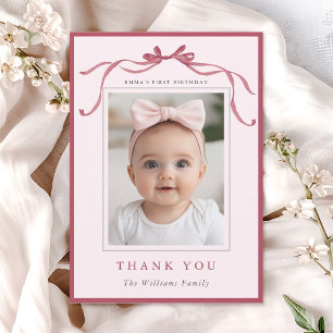 Blush Pink Red Bow Simple Birthday Photo  Thank You Card