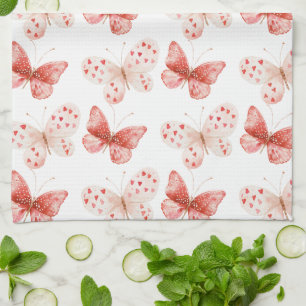 Blush Pink Red Butterflies   Tea Towel