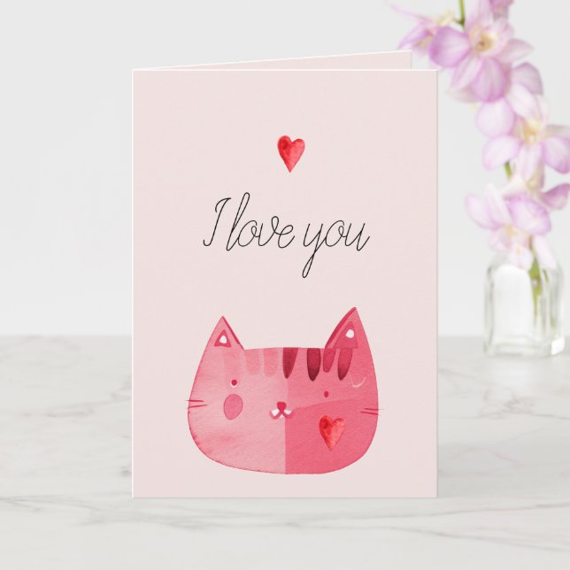 Blush Pink Red Cat Hearts Love You  Card (Orchid)