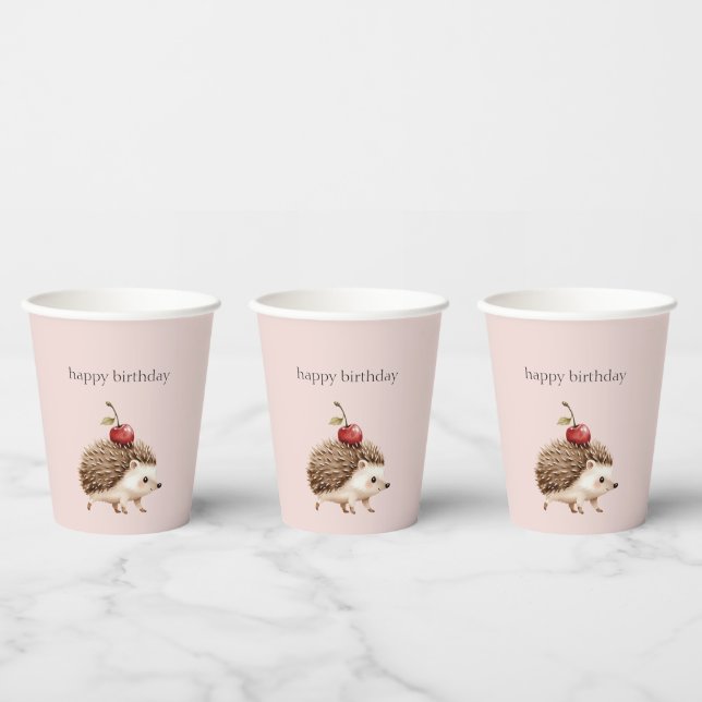 Blush Pink Red Cherry Adorable Hedgehog Birthday Paper Cups (Multi)