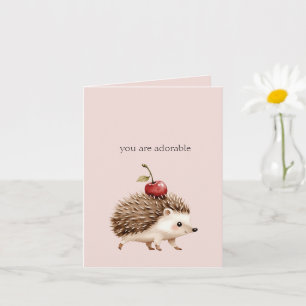 Blush Pink Red Cherry Adorable Hedgehog Card