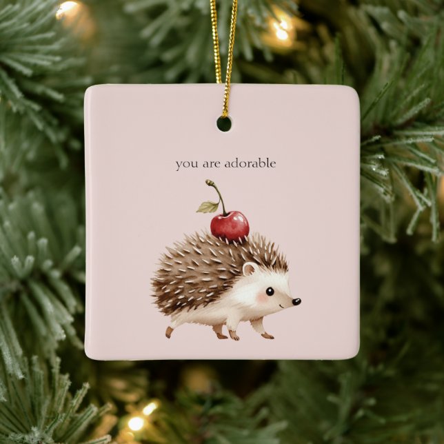 Blush Pink Red Cherry Adorable Hedgehog Ceramic Ornament (Tree)