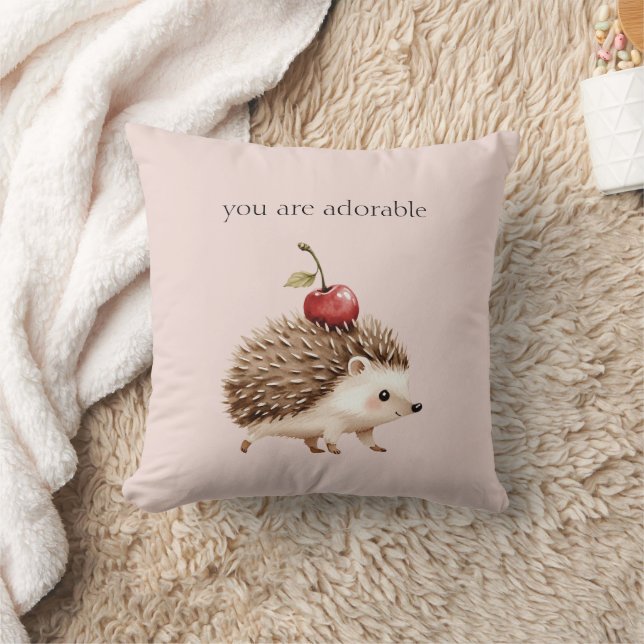 Blush Pink Red Cherry Adorable Hedgehog Cushion (Blanket)