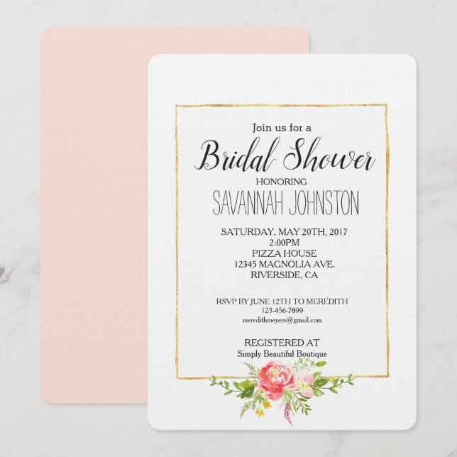 Blush Pink Red Floral Bridal Shower Invitation (Front/Back)