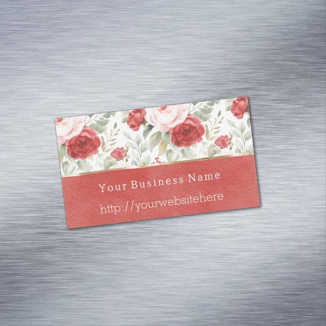 Blush Pink Red Floral Business name website Magnetic Business Card (In Situ)