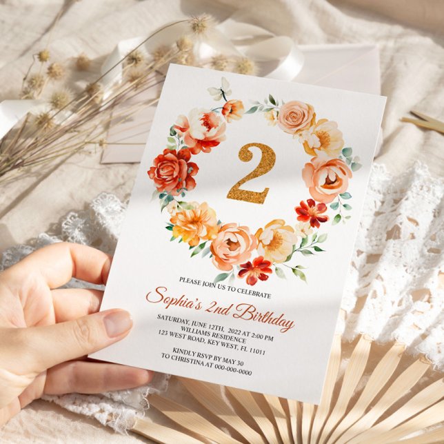 Blush Pink & Red Flowers Wreath 2nd Birthday Invitation (Creator Uploaded)