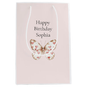 Blush Pink Red Hearts Butterfly Birthday Medium Gift Bag