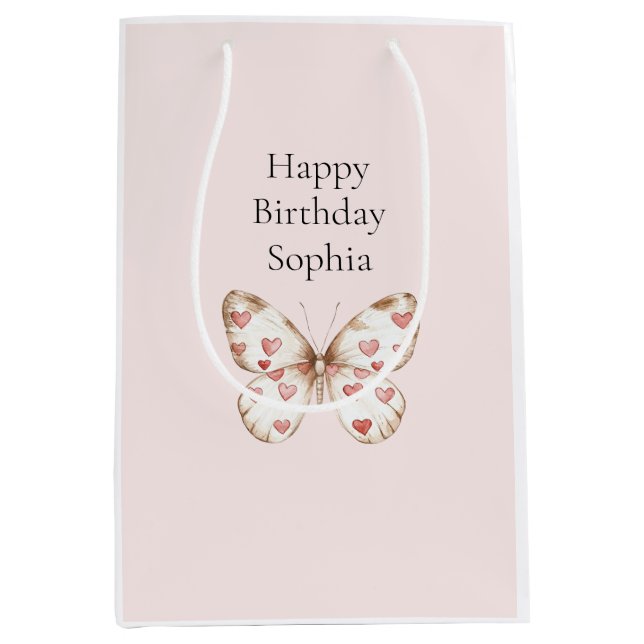 Blush Pink Red Hearts Butterfly Birthday Medium Gift Bag (Front)