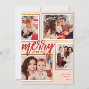 Blush Pink & Red Merry Christmas 4 Photo Collage Holiday Card