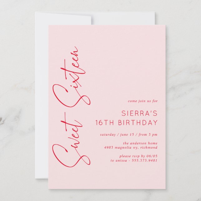 Blush Pink Red Script Sweet 16 Birthday Party Invitation (Front)