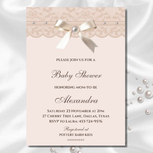 Blush Pink Regency Bow Pearl Lace Baby Shower Invitation