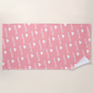 Blush Pink Repeating Name Script Heart Beach Towel