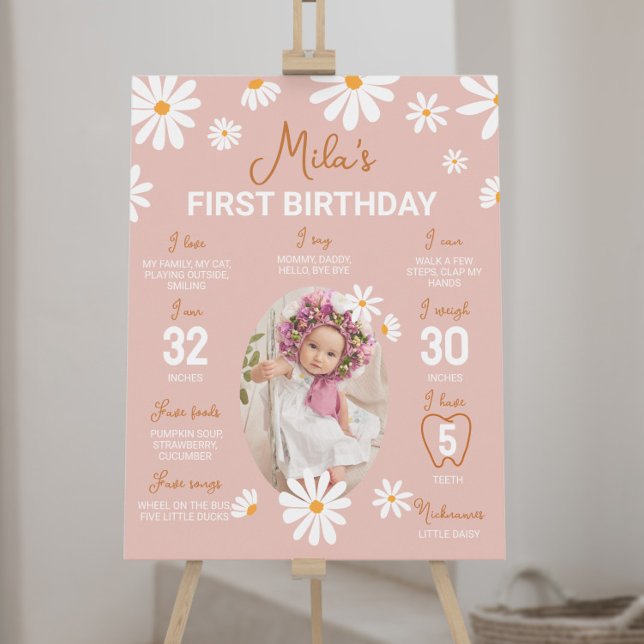 Blush Pink Retro Daisy 1st Birthday Milestone Sign (Creator Uploaded)