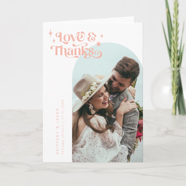 Blush Pink Retro Love & Thanks White Arch Wedding  Thank You Card (Front)