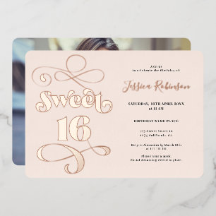 Blush pink retro script photo Sweet 16 rose gold