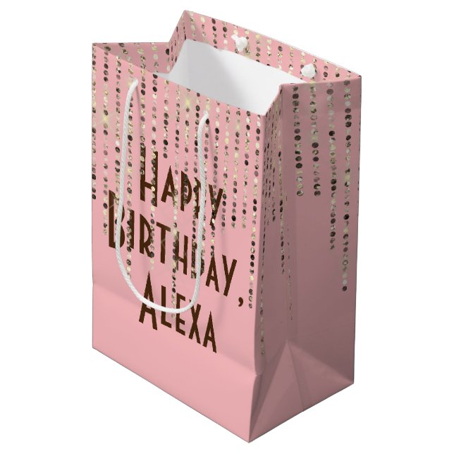 Blush Pink Rhinestone Bling Birthday Medium Gift Bag (Front Angled)