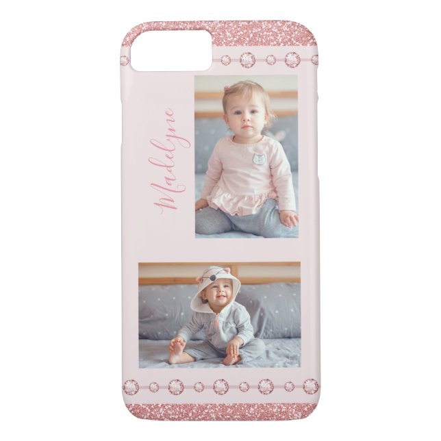 Blush Pink Rhinestone Glitter Name Photo Case-Mate iPhone Case (Back)